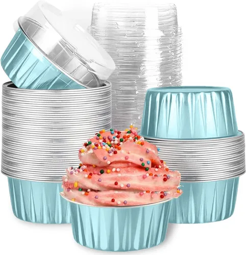 Miniatura 12 de Mini tazas de papel de aluminio para hornear cupcakes con tapas (40 piezas, 5 oz), forros redondos de papel de aluminio para cupcakes, moldes