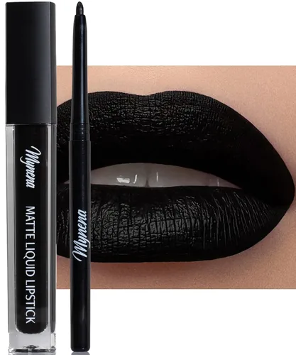 Miniatura 7 de Mynena Combo de lápiz labial negro azabache de larga duración con delineador de labios, impermeable y a prueba de transferencia, cómodo e