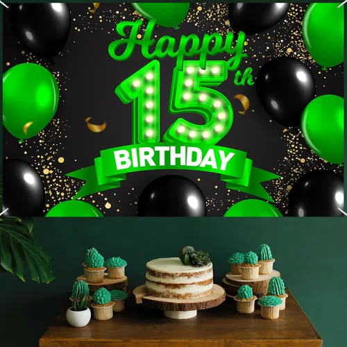 Miniatura 7 de Cartel de feliz cumpleaños 15 color verde y negro, telón de fondo con texto en inglés "Cheers to 15 years old confeti", globos de confeti