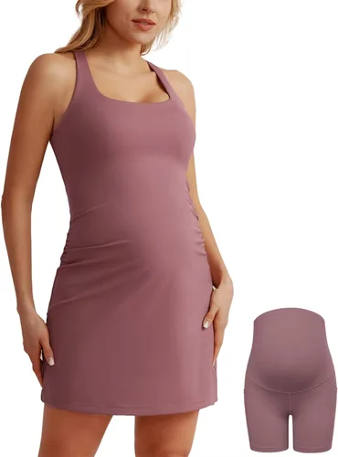 Maacie Vestido de tenis de maternidad con pantalones cortos desmontables, sin mangas, vestido de entrenamiento acampanado, vestido de golf atlético