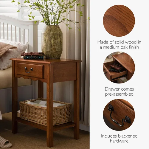Miniatura 5 de Salem Mesita de noche de madera maciza con cajón y estante, roble medio, perfecta para dormitorios, salas de estar y espacios pequeños - Leick Home