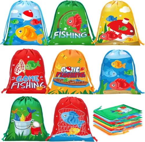 Honoson 24 bolsas con cordón para fiesta de pesca, coloridas bolsas de poliéster para recuerdos de pescadores pequeños, suministros de fiesta,