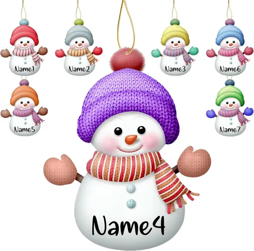 Miniatura 13 de Adornos de Navidad personalizados de muñeco de nieve, juego de adornos de Navidad de madera personalizados con nombres, decoraciones para colgar