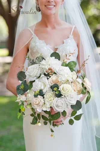 Miniatura 4 de Serwalin 2 Piezas Flores Artificiales Blancas Rosas Falsas Flores de Espuma de Seda Juego de Caja para Manualidades DIY Ramos de Pastel de Boda Un
