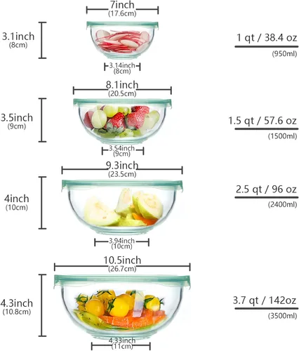 Miniatura 2 de WhiteRhino Juego de 4 cuencos de vidrio para mezclar con tapas (1, 1.5, 2.5, 3.7), cuencos apilables para ahorrar espacio para almacenamiento de 4