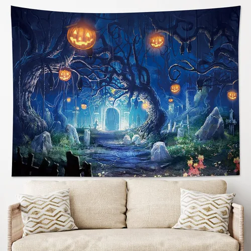 Miniatura 2 de HVEST Tapiz de noche de Halloween, tapiz para colgar en la pared, bosque embrujado con tumba y calabazas, manta de pared para dormitorio, sala