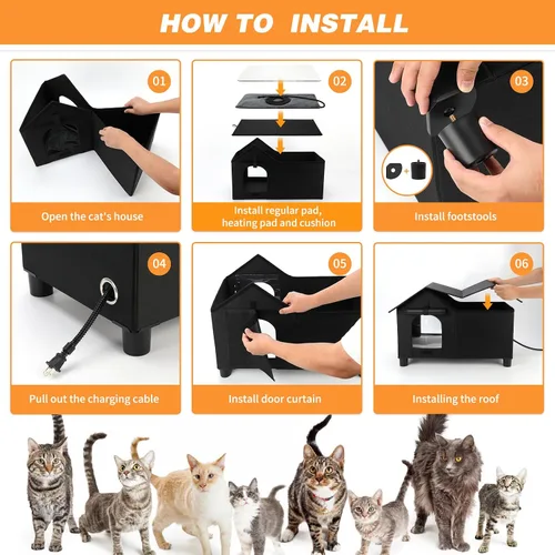 Miniatura 6 de Casa grande con calefacción para gatos para exteriores, casa elevada para gatos climatizada al aire libre, resistente a la intemperie, refugio