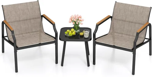 Tangkula Morden - Juego de 3 sillas de mesa y marco de metal para exteriores, con asiento de tela transpirable y reposabrazos de madera y plástico,