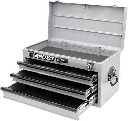 Boxo USA - Caja de herramientas de acero resistente de 3 cajones - Organizador de caja de herramientas portátil de mano con rieles de rodamientos de