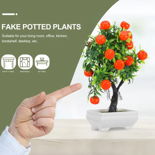 Miniatura 2 de HOMSFOU Árbol de kumquat simulado de imitación naranja bonsái con base de madera, pequeña planta de fruta artificial en maceta para el hogar
