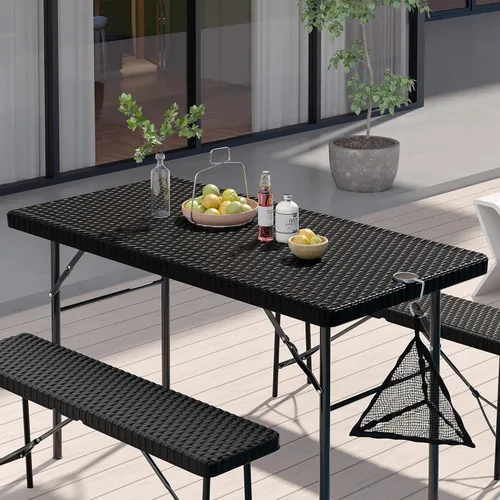 Miniatura 3 de VECELO Mesa de picnic plegable de 3 piezas con 2 bancos, juego de patio de ratán sintético de 47.2 pulgadas con bolsa de malla, resistente al calor