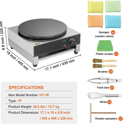 Miniatura 7 de HappyBuy Máquina eléctrica de crepé - 16 pulgadas, 1700 W, acero inoxidable antiadherente, escritorio, control de temperatura, para uso comercial