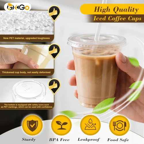 Miniatura 4 de Ginkgo Paquete de 100 tazas de plástico de 12 onzas con tapas y popotes, tazas de café desechables transparentes para llevar, tazas de café helado