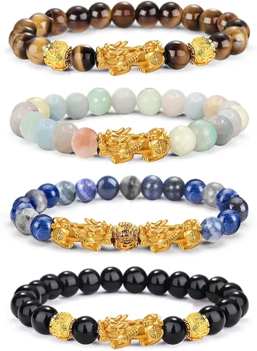 EIELO Feng Shui Pixiu - Pulseras de buena suerte para hombres y mujeres, piedras preciosas naturales, energía curativa, obsidiana, pi, yao, dragón,