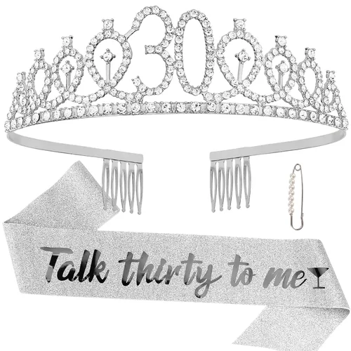 Miniatura 7 de Kit de banda y tiara de cumpleaños número 30, regalos de feliz cumpleaños 30 para mujeres, decoraciones de fiesta, Metal, Diamantes de imitación