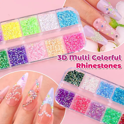 Miniatura 5 de 5 Cajas de Diamantes de Imitación para Uñas, Kit de Medias Perlas 3D, Diamantes de Imitación de Cristal de Gelatina Planas, Diseño de Diamantes