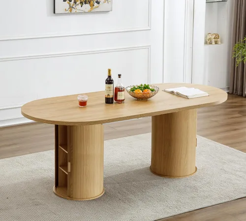 Miniatura 7 de Mesa de comedor redonda extensible de 94 pulgadas con base de almacenamiento, mesa de comedor expandible natural para 10, mesa de comedor de madera