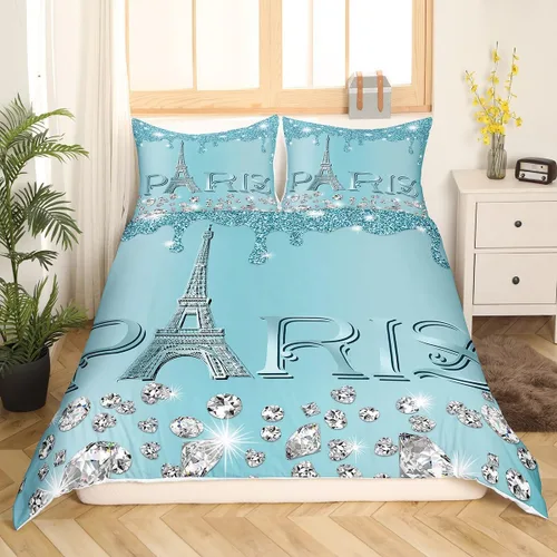 Miniatura 22 de Erosebridal Funda de edredón de la Torre Eiffel para niñas, juego de ropa de cama romántica de París azul, negro y blanco, funda de edredón