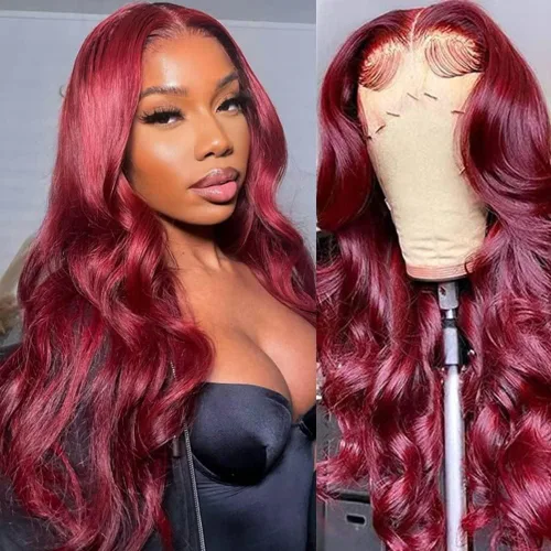 Miniatura 12 de MUPRETTY Pelucas de cabello humano con encaje frontal color burdeos, densidad del 180 %, peluca de encaje frontal de 13 x 4 pulgadas, con cabello