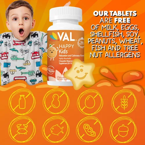 Miniatura 8 de VAL Kids Magnesio Fórmula para la Calma + Enfoque 100mg de Mg (Glicinato, Citrato, Taurato) + B6, D3, C Sin azúcar, sin OMG Tabletas