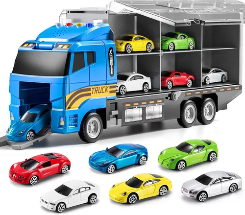 Miniatura 8 de TEMI Juguetes para Niños Pequeños de 3 4 5 6 Años Niños, Set de Juguetes de Construcción de Vehículos Fundidos a Presión con Transportador de Autos
