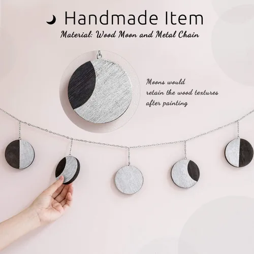 Miniatura 4 de Mkono Guirnalda de metal para colgar en la pared de fase lunar, estilo bohemio, decoración del hogar, con lunas de madera, regalo para ventana