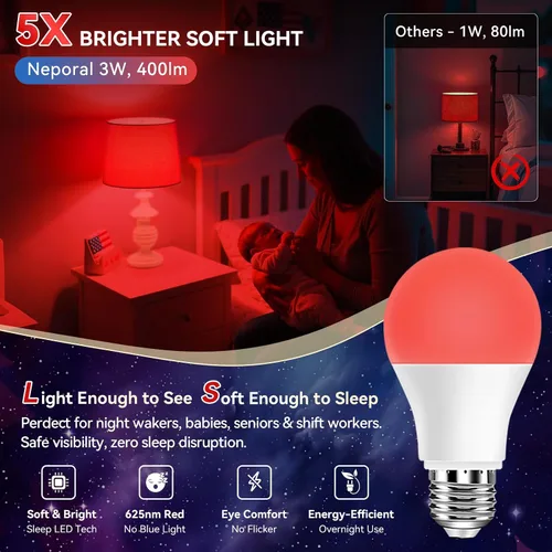 Miniatura 6 de Neporal Bombillas de Luz Roja de 625nm 3W para Dormir, Bombillas de Bloqueo 100% de Luz Azul para Promover la Melatonina, Bombilla LED A19