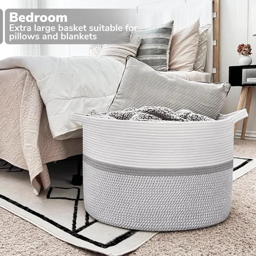 Miniatura 3 de CHICVITA Cesta tejida de cuerda de algodón extra grande XXL, cesta de almacenamiento para manta con asas, cesta decorativa para ropa, 22 x 22 x 14