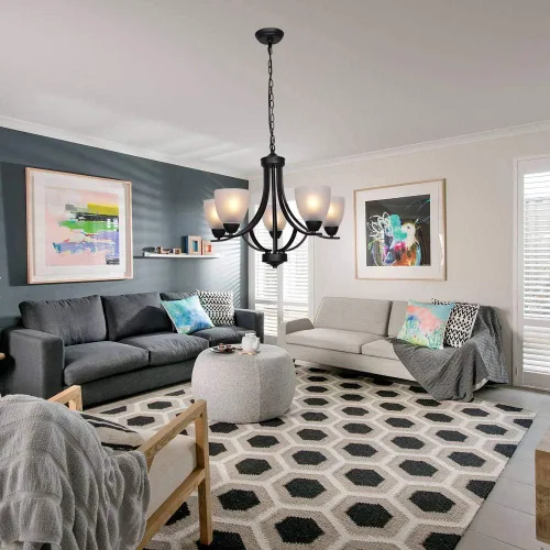 Miniatura 5 de 5 Light Shaded Contemporary Chandeliers with Alabaster Glass Black Rustic Light Fixtures Ceiling Hanging Mid Century Modern Pendant Lighting for