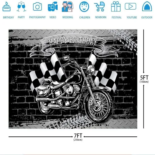 Miniatura 3 de Ticuenicoa Telón de fondo de fiesta de cumpleaños de motocicleta para fotografía, bandera negra y blanca, fondo de pared de ladrillo para hombres