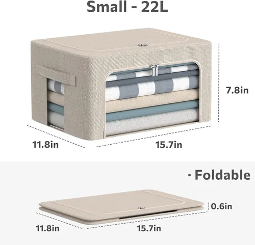 Miniatura 7 de CYhom Paquete de 3 contenedores plegables de almacenamiento - Caja de almacenamiento con marco de tela de lino apilable para ropa con ventana