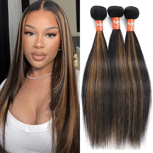 Miniatura 15 de Extensiones de cabello humano marrón con reflejos de Haha con cierre, extensiones lisas con cierre ombre, extensiones de cabello humano con cierre
