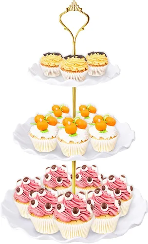 Miniatura 9 de BACUTHY Soporte para magdalenas de 3 niveles, toalla de soporte para pastel de plástico con bandeja de servicio escalonada para magdalenas, donuts