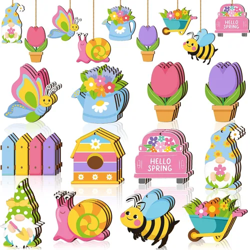 Miniatura 7 de Ferraycle 36 adornos de flores de primavera, adornos florales para árbol de Pascua, tulipanes de madera para colgar, decoraciones de gnomos