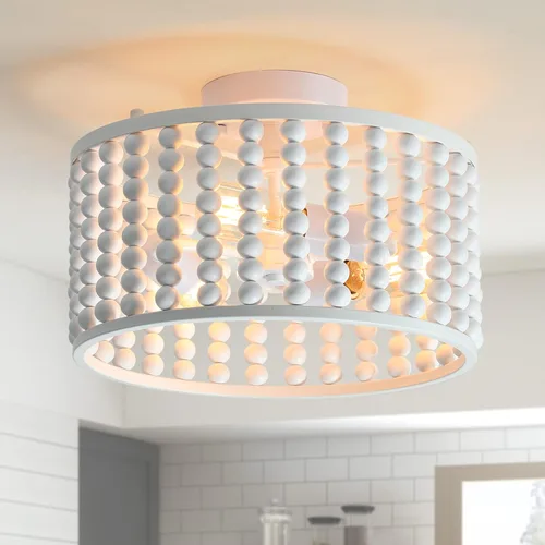 tewei Candelabro de Cuentas de Madera, Accesorio de Luz de Techo Semi Empotrado Estilo Boho para Cuarto de Bebé, Candelabro Rústico de 3 Luces