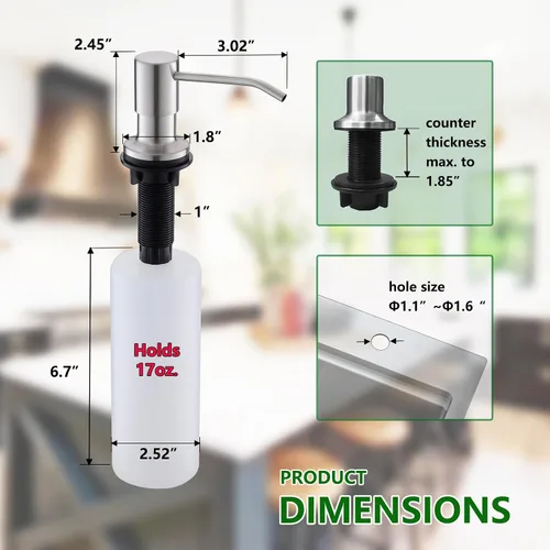 Miniatura 6 de Dispensador de jabón integrado para fregadero de cocina, cabezal de bomba de encimera de níquel cepillado de acero inoxidable, dispensador de loción