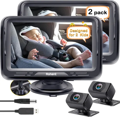 Cámara de bebé para automóvil, paquete de 2 unidades, monitores duales HD 1080P con visión nocturna, ángulos ajustables, pantalla sin reflejos,