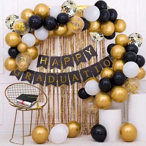 Miniatura 2 de Kit de 72 globos de confeti negro y dorado, globos negros, dorados y blancos de 12 pulgadas y globos de confeti dorado con cintas para globos