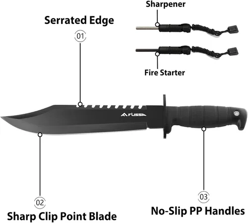 Miniatura 6 de Cuchillo de supervivencia y caza FLISSA con vaina, cuchillo táctico Bowie de hoja fija de 15 pulgadas con afilador y arrancador de fuego