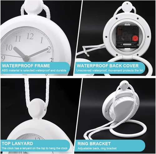 Miniatura 4 de Reloj analógico de baño, reloj de cuarzo compacto de 4.72 pulgadas con movimiento silencioso, colgar o poner, plástico ABS, requiere 1 batería AA