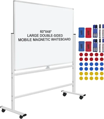 H-Qprobd Pizarra blanca móvil de 60"x48" pulgadas de doble cara magnética de borrado en seco sobre ruedas - Pizarras blancas rodantes comerciales