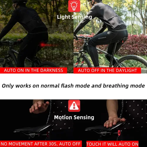 Miniatura 3 de ROCKBROS Luz Trasera de Bicicleta Inteligente, Luces Traseras de Bicicleta con Sensor de Freno para Paseo Nocturno, Luces Traseras LED