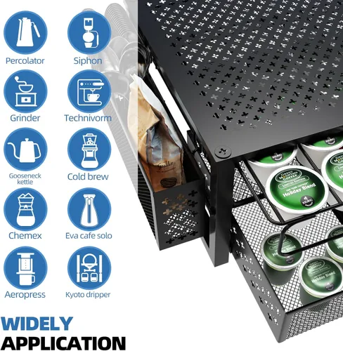 Miniatura 4 de Simple Trending Soporte para cápsulas de café para tazas K, con cajón de almacenamiento deslizante de 2 niveles y soporte para accesorios de café