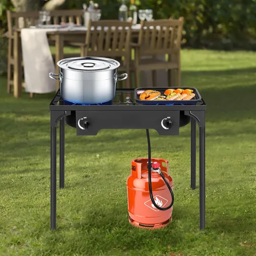 Miniatura 7 de Karl home Estufa de gas propano de 2 quemadores para cocinar al aire libre, cocina de campamento de 225,000 BTU con patas extraíbles y regulador PSI