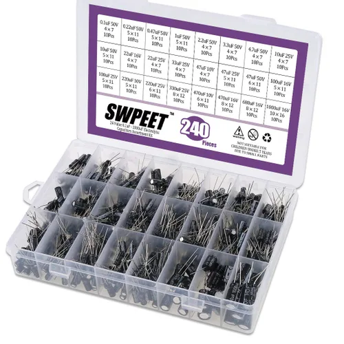 Swpeet 240 unidades de 24 tipos de condensadores electrolíticos diferentes rango 0.1uF-1000uF Kit surtido, 10V/16V/25V/50V condensadores