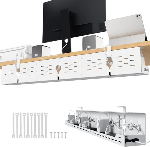 Miniatura 11 de Univivi Bandeja de organización de cables debajo del escritorio, organizador de cables de acero de 32 pulgadas, abrazadera en C sin taladrar