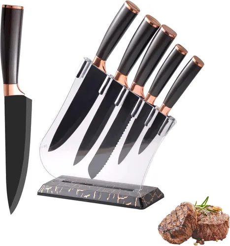 Juego de cuchillos de cocina con bloque acrílico, 6 piezas de acero inoxidable de alto carbono afilados con revestimiento antiadherente, para chef,