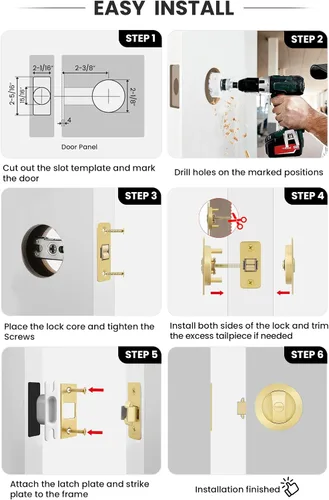 Miniatura 4 de goldenwarm Cerradura de Puerta Corrediza Redonda de Níquel Cepillado, Herrajes para Puerta Corrediza para Orificio Redondo de 2-1/8'', Manijas