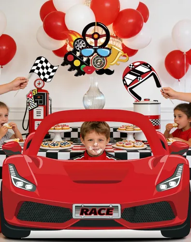Miniatura 6 de Juego de accesorios para cabina de fotos de autos de carreras, soporte de cartulina roja para fiesta de cumpleaños, baby shower, suministros