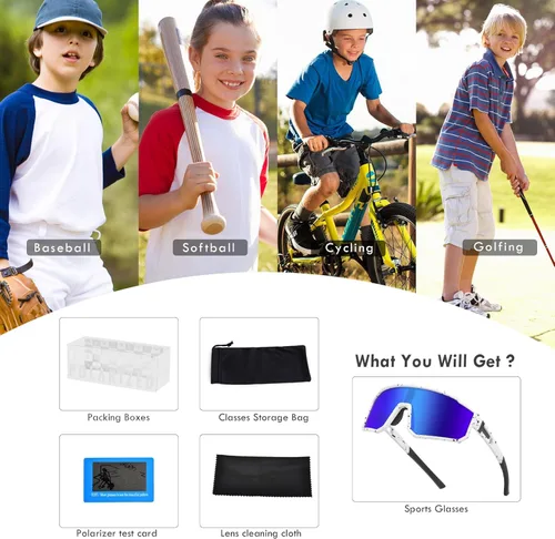Miniatura 7 de MVPTGRS Gafas de sol deportivas para niños y niñas de 8 a 14 años, marco TR90, para béisbol, softbol, ciclismo, golf Lentes azules con montura blanca